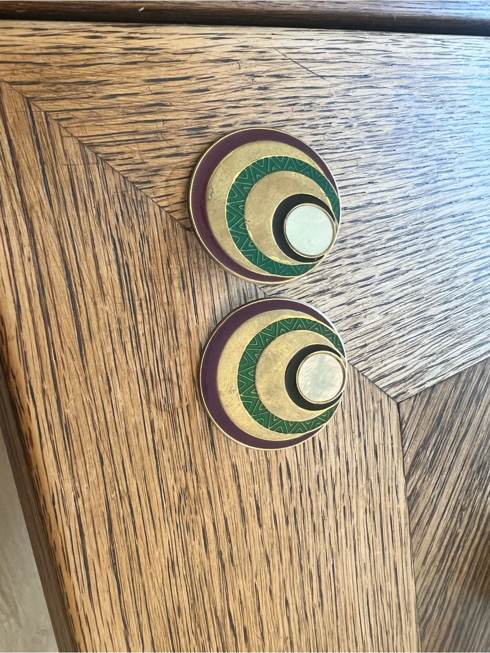 Round Double-Crescent Enamel Earrings in Green, Gold & Plum